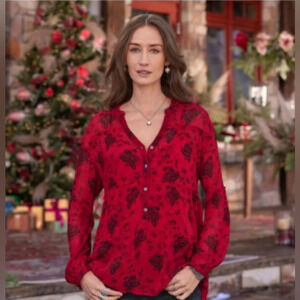 NWT Sundance Elodie Red Black Floral Tiered Blouse Top Size Medium
